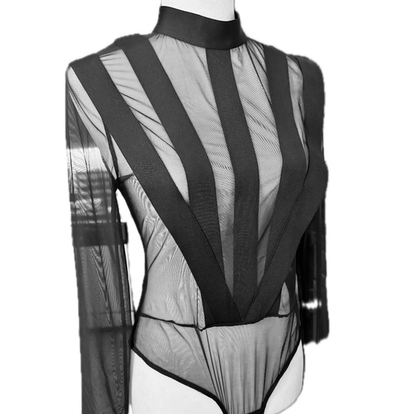 AKIRA, On The Money Mesh Paneled Cutouts Contour Bodysuit, Size L - Picture 3 of 11